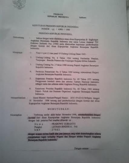 Menyimak Lagi Keppres Pemberhentian Letjend Prabowo oleh BJ Habibie