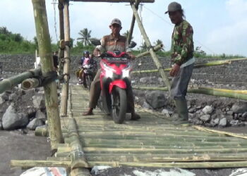 Butuh Perhatian Pemerintah !  Putus Akibat Diterjang Banjir Lahar, Warga Bangun Jembatan Darurat