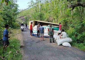 Tak Kuat Menanjak, Truk Kunyit 9 Ton Terbalik di Jatiroto Wonogiri